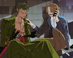 Rule 34 | 2boys, blonde hair, calling, closed eyes, green hair, hair over one eye, holding, holding phone, japanese clothes, male focus, multiple boys, one piece, phone, rain, roronoa zoro, runa (nori31291404), sanji (one piece), scar, scar on chest, sheath, sheathed, sword, talking on phone, unconscious, weapon