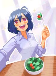 Rule 34 | 1girl, ahoge, blue hair, blush, bowl, breasts, collarbone, collared shirt, fangs, food, fork, grey shirt, hcnone, highres, holding, holding fork, large breasts, lips, long sleeves, looking at viewer, office lady, open mouth, original, pink eyes, salad, shirt, short hair, skye (hcnone), smile, table, teeth, tongue