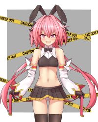 Rule 34 | 1boy, astolfo (fate), astolfo (saber) (fate), bare shoulders, black bow, black gloves, black thighhighs, blush, bow, bulge, caution tape, commentary request, detached sleeves, erection, erection under clothes, fang, fate/grand order, fate (series), gloves, grey background, hair bow, hair intakes, hair ornament, highres, kaiyi, long hair, looking at viewer, male focus, navel, panties, pink eyes, pink hair, simple background, skin fang, skirt, smile, solo, thighhighs, transparent background, trap, twintails, underwear, white panties