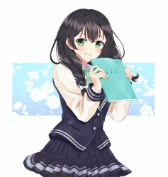 Rule 34 | 1girl, absurdres, blush, bow, braid, cevio, collared shirt, commentary request, green eyes, grin, hair bow, hanakuma chifuyu, highres, holding, holding notebook, jacket, long hair, long sleeves, looking at viewer, musical note, necktie, notebook, pleated skirt, rooibos, school uniform, shirt, skirt, smile, solo, synthesizer v, twin braids