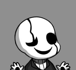 Rule 34 | 1boy, bad id, bad pixiv id, chibi, colored skin, grey background, greyscale, gyate gyate, lowres, male focus, monochrome, portrait, ribbed sweater, simple background, smile, solo, sweater, turtleneck, undertale, uneven eyes, upper body, w.d. gaster, white skin, yaruky