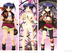 Rule 34 | 1girl, :q, ;&lt;, ;), absurdres, asymmetrical hair, bug, butterfly, censored, collarbone, comparison, convenient censoring, henshin, higa yukari, highres, insect, isis eaglet, jacket, looking at viewer, lyrical nanoha, mahou senki lyrical nanoha force, midriff, navel, no nipples, one eye closed, open clothes, open jacket, parted bangs, perfume grab, purple hair, shorts, side ponytail, smile, standing, stomach, tongue, tongue out, transformation, wink, yellow eyes