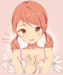 Rule 34 | 10s, 1girl, :d, aida takanobu, bad id, bad twitter id, bare shoulders, blush, brown eyes, collarbone, dated, flower, hands on own chest, hojo karen, idolmaster, idolmaster cinderella girls, low twintails, open mouth, orange hair, pink background, sketch, smile, solo, twintails, upper body