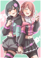 Rule 34 | 2girls, alternate hairstyle, black shorts, black skirt, blush, closed eyes, collarbone, commentary request, earrings, facing viewer, fang, ganbarai, go our way!, gradient background, green background, grey hair, grey shorts, hair bun, hair ornament, highres, holding hands, hood, hood down, hooded jacket, interlocked fingers, jacket, jewelry, long sleeves, looking at viewer, love live!, love live! nijigasaki high school idol club, medium hair, midriff, mifune shioriko, multicolored clothes, multicolored jacket, multiple girls, navel, open mouth, outline, pink background, pink hair, pleated skirt, ponytail, red eyes, short hair, shorts, shorts under skirt, sidelocks, single side bun, single thighhigh, skirt, standing, striped clothes, striped thighhighs, swept bangs, teeth, thighhighs, triangle earrings, uehara ayumu, upper body, upper teeth only, v, white outline, zipper