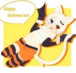 Rule 34 | 1boy, animal ears, blue eyes, cat boy, cat ears, cat tail, flat chest, flat color, full body, happy halloween, heterochromia, kida kuro mu, looking at viewer, male focus, navel, open mouth, orange eyes, original, shiro (kida kuro mu), short hair, smile, solo, striped clothes, striped thighhighs, tail, thighhighs, trap, white background, yellow background