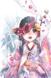 Rule 34 | 1girl, bamboo, black hair, blue eyes, branch, breath, cherry blossoms, crying, fire, hagoromo, hair ornament, hand on own chest, highres, houraisan kaguya, japanese clothes, jeweled branch of hourai, kimono, long hair, looking at viewer, mask, obi, one eye covered, open mouth, outstretched hand, petals, rain, ribbon, sanso, sash, scroll, shawl, shell, solo, tears, touhou, very long hair, vial