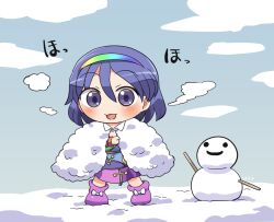 Rule 34 | 1girl, blue eyes, blue hair, blush, boots, dress, full body, hair between eyes, long sleeves, multicolored clothes, multicolored dress, open mouth, patchwork clothes, pink footwear, rokugou daisuke, short hair, signature, smile, snow, snowman, solo, standing, tenkyuu chimata, touhou