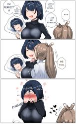 Rule 34 | 2girls, 3koma, ahoge, alternate costume, black hair, blush, breasts, brown hair, chain, closed eyes, comic, commentary, covering face, covering own eyes, dakimakura (object), feather hair ornament, feathers, full-face blush, hair ornament, hands on own face, headband, highres, holocouncil, hololive, hololive english, large breasts, long sleeves, meow7tail, multiple girls, nanashi mumei, narcissism, open mouth, ouro kronii, pillow, ponytail, short hair, speech bubble, sweater, virtual youtuber