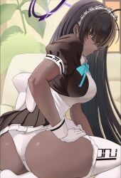 Rule 34 | 1girl, absurdres, ahoge, apron, ass, black dress, black hair, blue archive, blue bow, blush, bow, breasts, cafenami, closed mouth, dark-skinned female, dark skin, dress, from behind, hair between eyes, halo, hand on own thigh, highres, karin (blue archive), large breasts, long hair, looking at viewer, looking back, maid headdress, panties, purple halo, seiza, sitting, solo, thighhighs, thighs, underwear, very long hair, white apron, white panties, white thighhighs, yellow eyes