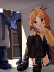 Rule 34 | 1girl, absurdres, amiya (arknights), anklet, arknights, bird tail, black footwear, black pantyhose, black thighhighs, blue bow, blue dress, blush, bow, brown eyes, brown hair, commentary request, doctor (arknights), dress, feather hair, garter straps, highres, infection monitor (arknights), jewelry, killizard, long hair, long sleeves, mole, mole under eye, open mouth, orange bow, pantyhose, pinafore dress, pinecone (arknights), sleeveless, sleeveless dress, sweater, tail, textless version, thighhighs, thighs, turtleneck, turtleneck sweater, two-tone bow, under table, under the table (arknights), very long hair