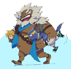 Rule 34 | 3boys, animal feet, anklet, beak, beard, big hair, bird boy, bird legs, bird tail, black eyes, blonde hair, blue background, blue eyes, blue fur, blue hair, body fur, braid, brown gloves, chain, claws, closed mouth, constricted pupils, dark-skinned male, dark skin, daruk, facial hair, fingerless gloves, fireman&#039;s carry, forked eyebrows, from side, full body, fundoshi, furry, furry male, gloves, goron, green eyes, hair tie, happy, japanese clothes, jewelry, link, long hair, looking at another, male focus, multiple boys, mustache, open mouth, outie navel, quad tails, revali, rito, short hair, sidelocks, simple background, smile, sweat, tail, teeth, the legend of zelda, the legend of zelda: breath of the wild, thick eyebrows, two-tone background, two-tone fur, ukata, walking, wavy mouth, white fur, white hair, winged arms, wings