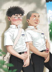 Rule 34 | 2boys, against wall, blush, censored, foreskin, glasses, male focus, masturbation, multiple boys, naughty face, outdoors, penis, public indecency, school, school uniform, smile, steam, tagme, undressing