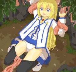 Rule 34 | 00s, blonde hair, blue eyes, clothes lift, colette brunel, highres, panties, scared, skirt, skirt lift, tales of (series), tales of symphonia, tears, tentacles, underwear, undressing, white panties, you gonna get raped