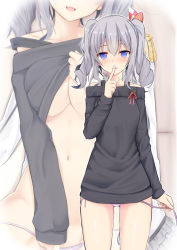 Rule 34 | 10s, 1girl, alternate costume, bare shoulders, blue eyes, breasts, clothes lift, dress, finger in own mouth, hair between eyes, index finger raised, kantai collection, kashima (kancolle), long hair, looking at viewer, medium breasts, multiple views, off-shoulder, off-shoulder sweater, off shoulder, open mouth, panties, pink panties, side-tie panties, silver hair, sweater, sweater dress, sweater lift, takeyuu, turtleneck, turtleneck sweater, twintails, underboob, underwear, untied panties