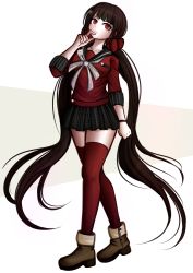 Rule 34 | 1girl, absurdly long hair, black hair, black skirt, black thighhighs, blunt bangs, boots, bracelet, breasts, brown footwear, closed mouth, collarbone, commentary, danganronpa (series), danganronpa v3: killing harmony, finger to mouth, full body, hair ornament, harukawa maki, jewelry, komatsuzaki rui (style), ktokei (kurokku-tokei), long hair, long sleeves, looking at viewer, looking up, low twintails, miniskirt, mole, mole under eye, official style, plaid, plaid skirt, pleated skirt, red eyes, red scrunchie, red shirt, red thighhighs, sailor collar, school uniform, scrunchie, serafuku, shirt, simple background, skirt, solo, standing, thighhighs, twintails, very long hair, white background, zettai ryouiki
