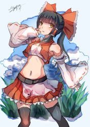 Rule 34 | 1girl, absurdres, adapted costume, bandeau, bare shoulders, black hair, black thighhighs, blue sky, bow, cloud, cosplay, detached sleeves, fushigi no umi no nadia, hair bobbles, hair bow, hair ornament, hair tubes, hakurei reimu, highres, long sleeves, midriff, myero, nadia la arwall, nadia la arwall (cosplay), navel, open clothes, open vest, ponytail, skirt, sky, solo, strapless, thighhighs, touhou, tube top, vest, wide sleeves, yellow eyes, zettai ryouiki