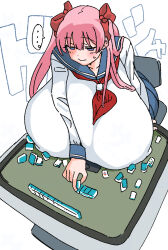 Rule 34 | 1girl, blue eyes, bow, breasts, chair, commentary request, gigantic breasts, haramura nodoka, highres, holding, holding mahjong tile, inconvenient breasts, mahjong, mahjong tile, momo no suidou-sui, pink hair, pleated skirt, red bow, saki (manga), school uniform, serafuku, skirt, solo, sweatdrop, two side up