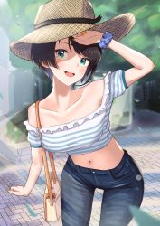 Rule 34 | 1girl, alternate costume, aqua eyes, bag, bare shoulders, breasts, brick road, brown hair, casual, collarbone, crop top, denim, handbag, hat, highres, hololive, jeans, leaning forward, light blush, looking at viewer, midriff, multicolored nails, nail polish, navel, off-shoulder shirt, off shoulder, oozora subaru, open mouth, orange nails, outdoors, pants, scrunchie, shirt, smile, straw hat, striped clothes, striped shirt, swept bangs, taachika, thigh gap, virtual youtuber, wrist scrunchie, yellow nails