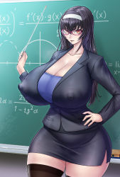 Rule 34 | 1girl, black hair, breasts, covered erect nipples, curvy, formal, glasses, huge breasts, large nipples, long hair, nail polish, nipples, nipples through clothes, orange eyes, solo, standing, suit, teacher, thick thighs, thighs, wide hips, yagimayu