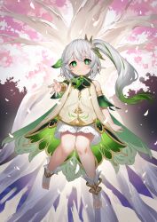 Rule 34 | 1girl, absurdres, bare shoulders, blush, breasts, cape, dress, genshin impact, gradient hair, green cape, green eyes, green hair, hair ornament, highres, leaf hair ornament, long hair, looking at viewer, multicolored hair, nahida (genshin impact), pointy ears, side ponytail, small breasts, smile, solo, symbol-shaped pupils, toeless footwear, white dress, white hair, yamanokami eaka