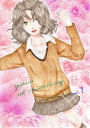 Rule 34 | 1girl, absurdres, amagami, anniversary, bad id, bad pixiv id, blazer, brown hair, collarbone, congratulations, english text, facing viewer, green eyes, hand up, heart, highres, hjt, jacket, lips, long hair, looking at viewer, marker (medium), messy hair, open collar, outstretched arm, school uniform, skirt, solo, tanamachi kaoru, traditional media