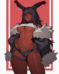 Rule 34 | 1girl, animal ears, black choker, black jacket, black shorts, breasts, choker, closed mouth, commission, cropped shirt, dark-skinned female, dark skin, distr, ear piercing, earrings, eyebrow piercing, fishnet thighhighs, fishnets, freckles, hands on own hips, highres, jacket, jewelry, kana (kanabnuuy), large breasts, looking at viewer, micro shorts, navel, off shoulder, original, piercing, rabbit ears, red eyes, shorts, single thighhigh, solo, thighhighs, underboob
