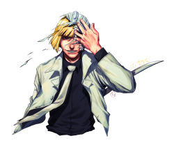 Rule 34 | 1boy, bad id, bad pixiv id, bleach, blonde hair, formal, grin, highres, hirako shinji, male focus, necktie, signature, smile, solo, suit, sword, tangsong, upper body, weapon, yellow eyes