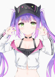 Rule 34 | 1girl, absurdres, bare shoulders, black headwear, choker, claw pose, collarbone, crop top, cropped jacket, fuyuki030, green eyes, hands up, highres, hololive, jacket, long hair, long sleeves, looking at viewer, midriff, multicolored nails, nail polish, navel, purple hair, simple background, smile, solo, stomach, tokoyami towa, twintails, upper body, very long hair, virtual youtuber, white background, white jacket