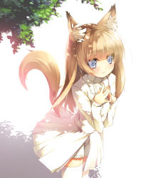 Rule 34 | 1girl, animal ears, blonde hair, blue eyes, blunt bangs, blush, dress, fox ears, fox tail, light smile, long hair, looking at viewer, nekomu, original, own hands together, shadow, skirt, solo, standing, steepled fingers, sunlight, tail, thighhighs, tree shade, white dress, white skirt, white thighhighs