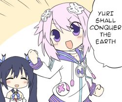 Rule 34 | &gt;:d, 2girls, :d, ^ ^, black hair, blush, choker, clenched hand, closed eyes, collarbone, d-pad, detached collar, english text, female focus, game console, hair ornament, hood, hoodie, long hair, long sleeves, meme, multiple girls, neptune (neptunia), neptune (series), noire (neptunia), open mouth, parody, personification, playstation 3, pocket, purple eyes, purple hair, short hair, simple background, smile, solo focus, sono hanabira ni kuchizuke wo, speech bubble, talking, truth, twintails, upper body, v-shaped eyebrows, very long hair, yuri
