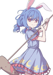 Rule 34 | 1girl, absurdres, ambiguous red liquid, animal ears, bloomers, blue hair, blue shirt, blue skirt, closed mouth, crescent print, eyebrows hidden by hair, from side, highres, holding, holding mallet, kame (kamepan44231), kine, looking at viewer, low twintails, mallet, medium hair, one-hour drawing challenge, rabbit ears, red eyes, seiran (touhou), shirt, short sleeves, simple background, skirt, smile, solo, standing, star (symbol), star print, touhou, twintails, underwear, white background