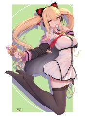 Rule 34 | 1girl, animal ears, azur lane, blonde hair, breasts, candy, collarbone, collared shirt, commentary request, concord (azur lane), fake animal ears, food, hair ribbon, hairband, headphones, highres, ice cream, ice cream cone, jacket, jumping, large breasts, lollipop, long hair, pleated skirt, red eyes, ribbon, shirt, skirt, solo, star-shaped pupils, star (symbol), symbol-shaped pupils, thighhighs, twintails, very long hair, you ni ge shaobing, zettai ryouiki