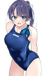 Rule 34 | 1girl, blue eyes, blue hair, blue one-piece swimsuit, blush, breasts, collarbone, competition swimsuit, covered navel, goggles, unworn goggles, hair ribbon, highres, link! like! love live!, liz (piyoko piyop), long hair, looking at viewer, love live!, medium breasts, mole, mole on neck, murano sayaka, one-piece swimsuit, open mouth, ponytail, ribbon, school swimsuit, solo, swimsuit, v-shaped eyebrows, white background, white ribbon