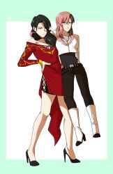 Rule 34 | 2girls, belt, black hair, black pants, boots, border, breasts, brown eyes, brown hair, cinder fall, cleavage, cropped jacket, dress, green border, hair over one eye, hand on own hip, heterochromia, highres, jacket, knee boots, lifting person, long hair, misanim, multicolored hair, multiple girls, multiple necklaces, neo politan, off-shoulder dress, off shoulder, pants, pink eyes, pink hair, red dress, rwby, split-color hair, two-tone hair, white background