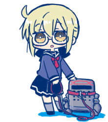 Rule 34 | 1girl, animal collar, artoria pendragon (fate), black-framed eyewear, black footwear, black sailor collar, black skirt, blonde hair, blue shirt, blush, brown eyes, character request, chibi, collar, colored shadow, commentary request, fate/grand order, fate (series), full body, glasses, grey socks, hair between eyes, holding, holding leash, kasuga yuuki, kneehighs, leash, long sleeves, looking at viewer, mysterious heroine x alter (fate), parted lips, pleated skirt, red collar, sailor collar, semi-rimless eyewear, shadow, shirt, shoes, simple background, skirt, sleeves past wrists, socks, standing, under-rim eyewear, white background