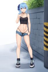 Rule 34 | 1girl, :p, black choker, black panties, black tank top, blue eyes, blue hair, blush, breasts, brick wall, bush, choker, clothes pull, collarbone, crop top, denim, denim shorts, full body, hair ribbon, hand on own chest, highres, hololive, hoshimachi suisei, navel, open fly, panties, pulled by self, ribbon, shoes, short shorts, shorts, shorts pull, side ponytail, small breasts, sneakers, solo, star (symbol), star choker, star in eye, stomach, symbol in eye, tank top, terry (pixiv3274443), thighs, tongue, tongue out, underwear, virtual youtuber, watch, wristwatch
