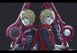 Rule 34 | 1boy, blonde hair, blue eyes, dual persona, gloves, highres, jacket, letterboxed, long hair, looking at viewer, male focus, monado, multiple boys, nintendo, rei (teponea121), short hair, shulk (xenoblade), simple background, smile, super smash bros., sword, very long hair, vest, weapon, xenoblade chronicles: future connected, xenoblade chronicles (series), xenoblade chronicles 1
