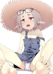 Rule 34 | 1girl, barefoot, commentary request, eyewear on head, fangs, feet, flat chest, glasses, grey hair, hat, highres, ogami kazuki, open mouth, original, overalls, panties, pointy ears, red eyes, simple background, sitting, slit pupils, solo, spread legs, strap slip, underwear, white background, white panties