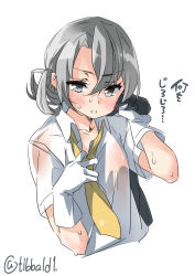 Rule 34 | 1girl, blush, collared shirt, ebifurya, gloves, grey eyes, grey hair, hair between eyes, highres, holding, holding clothes, kantai collection, looking at viewer, necktie, nipples, nowaki (kancolle), open mouth, over shoulder, shirt, short sleeves, simple background, solo, sweat, twitter username, upper body, white background, white gloves, white shirt, yellow necktie