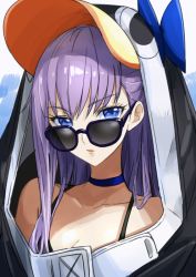 Rule 34 | 1girl, black-framed eyewear, blue eyes, breasts, choker, cleavage, collarbone, fate/extra, fate (series), hair between eyes, long hair, looking at viewer, looking over eyewear, looking over glasses, meltryllis (fate), meltryllis (swimsuit lancer) (first ascension) (fate), parted lips, purple hair, small breasts, solo, sunglasses, tinted eyewear, tsukikage oyama, upper body