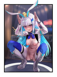 Rule 34 | 1girl, animal, animal ears, animal on head, armband, ass, bar censor, bird, bird on head, blue bow, blue bowtie, blue hair, blunt bangs, blurry, blurry background, blush, boots, bow, bowtie, breasts, censored, colored inner hair, cross-laced footwear, daishippai, depth of field, embarrassed, fake animal ears, full body, gluteal fold, hair ornament, highres, humiliation, knee boots, lize helesta, long hair, long sleeves, looking at viewer, medium breasts, meme attire, multicolored hair, navel, nijisanji, nipples, no bra, no panties, on head, paid reward available, parted lips, purple eyes, pussy, rabbit ears, rabbit pose, reverse bunnysuit, reverse outfit, safety pin, sagging breasts, sidelocks, solo, spread legs, squatting, stomach, sweat, thighhighs, two-tone hair, very long hair, virtual youtuber, white footwear, white hair