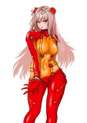 1girl absurdres bodysuit breasts brown_hair cosplay covered_navel curvy evangelion:_2.0_you_can_(not)_advance goddess_of_victory:_nikke hair_ornament highres large_breasts lips long_hair looking_at_viewer neon_genesis_evangelion pilot_suit plugsuit ramuneogura rapi_(nikke) rebuild_of_evangelion red_bodysuit see-through see-through_bodysuit shiny_clothes solo souryuu_asuka_langley souryuu_asuka_langley_(cosplay) test_plugsuit white_background wide_hips