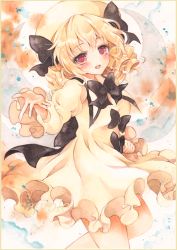 Rule 34 | 1girl, :d, bad id, bad pixiv id, blonde hair, bow, colored pencil (medium), dress, drill hair, gradient background, hat, luna child, marker (medium), open mouth, potto, potto (minntochan), red eyes, short hair, smile, solo, touhou, traditional media, wings