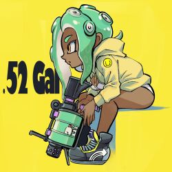 Rule 34 | .52 gal (splatoon), 1girl, aqua hair, breasts, cleavage, closed mouth, commentary request, dark-skinned female, dark skin, eyelashes, full body, gun, highres, holding, holding gun, holding weapon, hood, hoodie, long hair, muramasa mikado, nintendo, octoling, octoling girl, octoling player character, orange eyes, simple background, sitting, solo, splatoon (series), splatoon 3, tentacle hair, thick eyebrows, thighs, weapon, weapon name, white swimsuit, yellow background, yellow hoodie