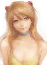 Rule 34 | 1girl, bad id, bad pixiv id, blue eyes, breasts, brown hair, choker, cleavage, dress, headgear, long hair, looking at viewer, miche, neon genesis evangelion, profile, realistic, simple background, small breasts, smile, solo, souryuu asuka langley, yellow dress