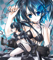 Rule 34 | 1girl, 2010, belt, bikini, bikini top only, black bikini, black coat, black footwear, black gloves, black hair, black rock shooter, black rock shooter (character), black shorts, blue eyes, blue fire, boots, breasts, broken, broken sword, broken weapon, chain, checkered background, checkered floor, cleavage, coat, collarbone, dated, fire, flaming eye, gloves, hair between eyes, halterneck, head tilt, high heel boots, high heels, holding, holding sword, holding weapon, knee boots, long hair, looking at viewer, open clothes, open coat, parted lips, pastel (medium), shikishi, short shorts, shorts, sideboob, signature, small breasts, solo, swimsuit, sword, twintails, underboob, unzipped, very long hair, weapon, white belt, yuto takumi, zipper