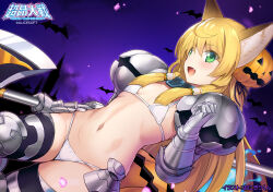 Rule 34 | 1girl, animal ears, axe, bat (animal), bikini, blonde hair, breasts, character request, escalation heroines, fang, food, fox ears, fox girl, gauntlets, green eyes, halloween, holding, holding axe, holding weapon, long hair, navel, official art, onigirikun, open mouth, pumpkin on head, shoulder pads, small breasts, swimsuit, thighhighs, weapon, white bikini