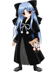 Rule 34 | 00s, 2girls, black bow, black dress, blue hair, blush, bow, brown eyes, brown hair, character doll, dress, full body, hair bow, len (tsukihime), long sleeves, looking at viewer, melty blood, multiple girls, neko arc, neco-arc, pointy ears, pom pom (clothes), red eyes, standing, tareme, tsukihime, type-moon