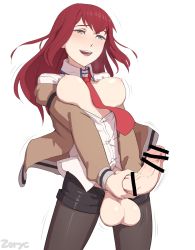 Rule 34 | 1futa, :d, bar censor, between breasts, black shorts, blue eyes, bouncing breasts, breasts, breasts apart, breasts out, brown jacket, censored, full-package futanari, futanari, half-closed eyes, jacket, long hair, long sleeves, looking up, makise kurisu, medium breasts, necktie, necktie between breasts, off-shoulder jacket, off shoulder, open mouth, pantyhose, partially unbuttoned, penis, penis grab, red hair, red necktie, shirt, shorts, smile, solo, steins;gate, testicles, torogao, trembling, unbuttoned, unbuttoned shirt, white background, white shirt, zoryc