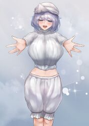 Rule 34 | 1girl, \||/, absurdres, beckoning, bloomers, blue eyes, breasts, commission, feet out of frame, grey background, grey hair, half-closed eyes, highres, large breasts, letty whiterock, medium hair, nanaironokabi, outstretched arms, pixiv commission, shirt, solo, sparkle, touhou, underwear, variant set, white shirt